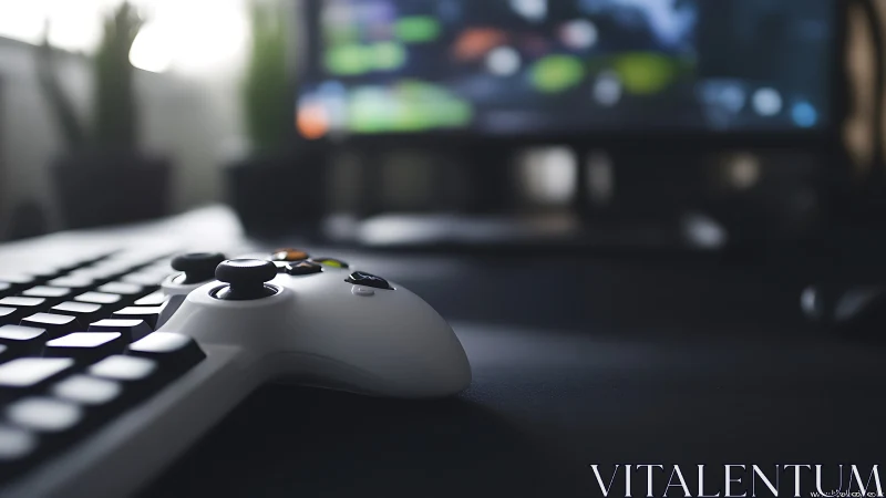 White game controller rests beside keyboard in soft focus.