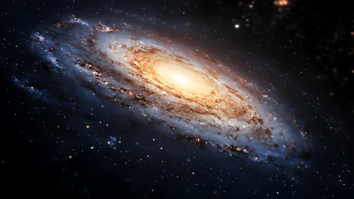 Spiral galaxy with bright core and dense star field in space.