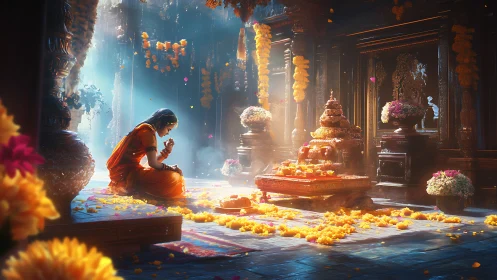 Golden morning prayer in a flower-draped temple sanctuary.