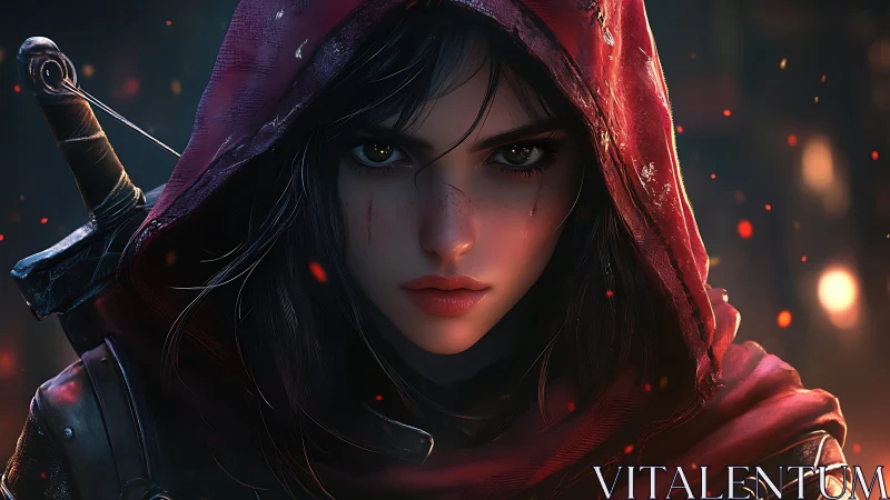 Hooded female warrior portrait with sword and embers.