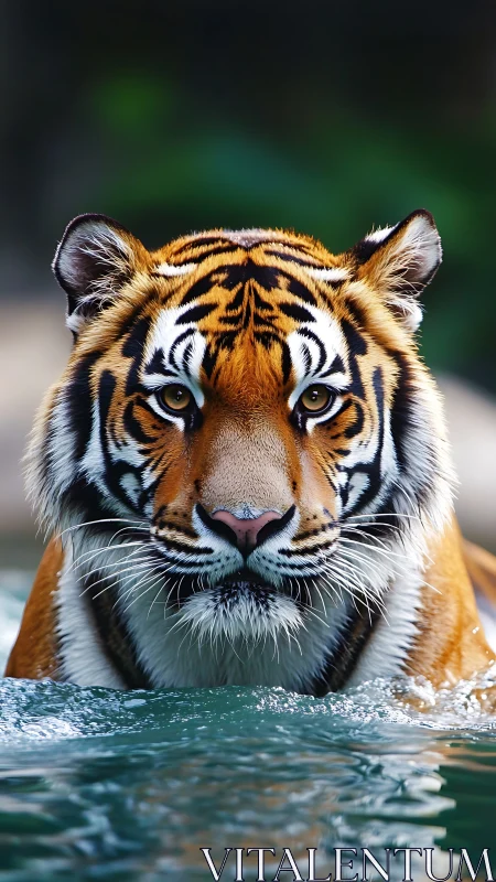 Tiger moves through rippling water with intense frontal gaze