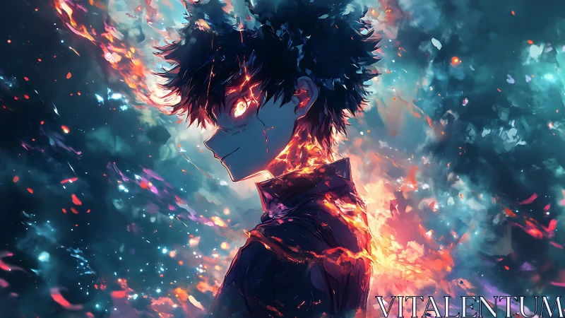 Flame-charged anime figure in luminous cosmic embers.