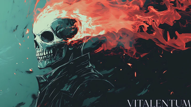 Flaming skeletal portrait uses dynamic red plume against teal field