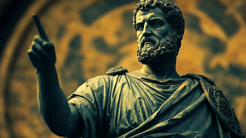 Commanding Roman-style statue under dramatic golden sky.