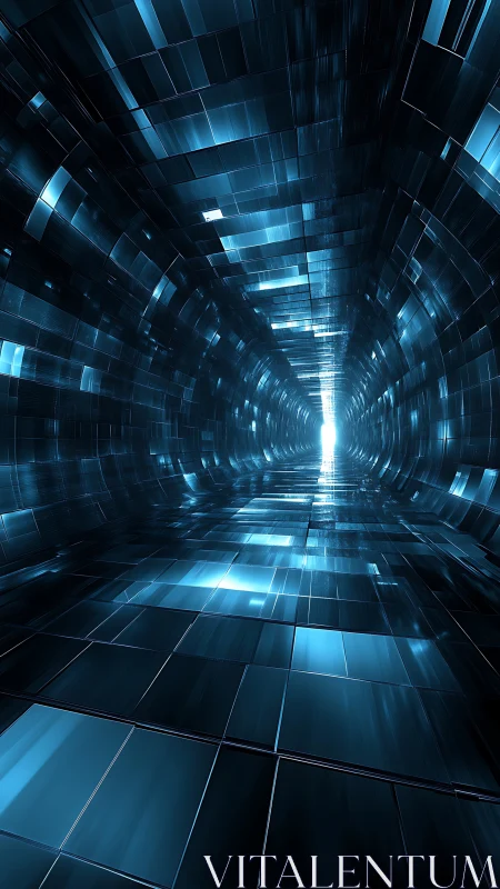 Futuristic teal glass data tunnel with vanishing point glow