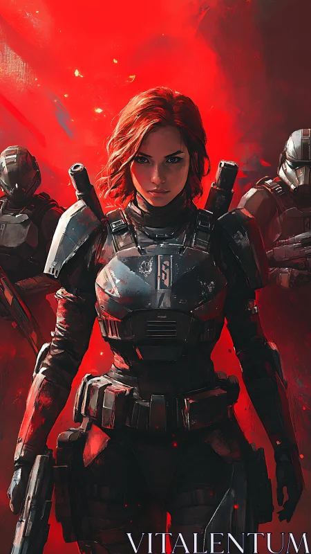 Armored soldier trio in red combat environment.