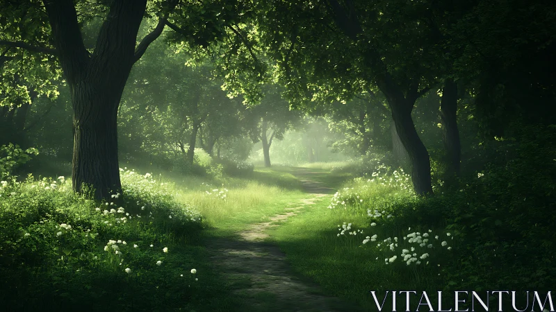 Forest path with mature trees, grass clearing, white flowers