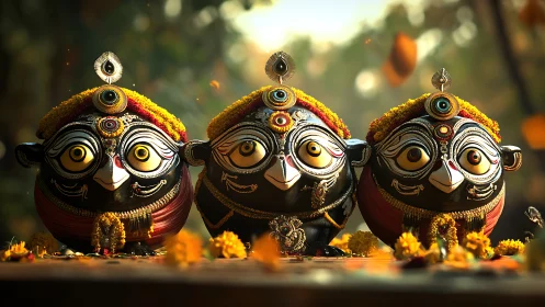 Ornate Jagannath-inspired idols in warm floral bokeh glow.