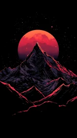 Midnight mountain peak glows beneath a bold red moon
