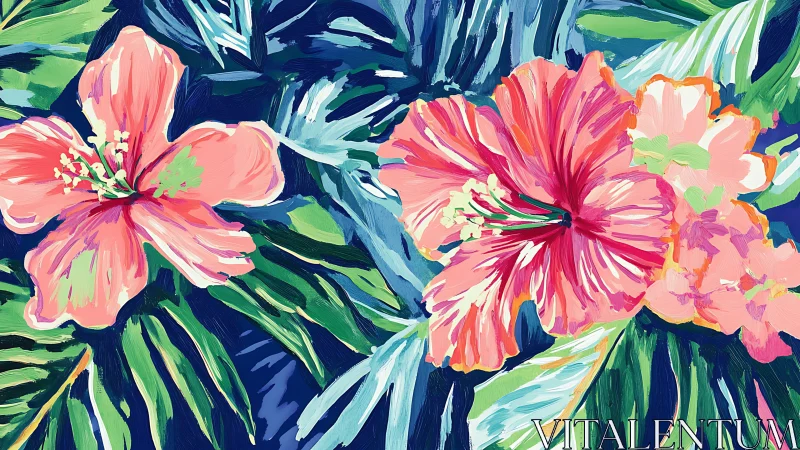 Vibrant Pink Flowers Bloom Among Lush Tropical Foliage.