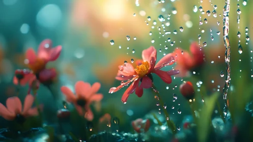 Raindrops Kiss Red Flowers in Garden Light.