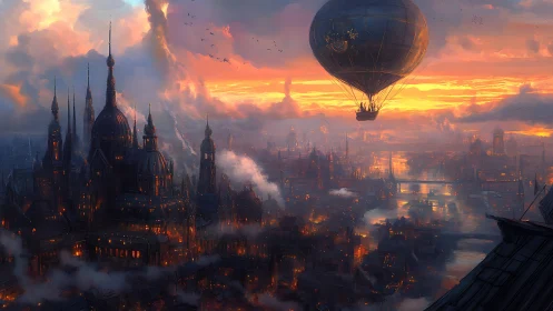 Balloon crosses industrial river city under diffuse sunset