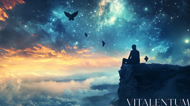 Silhouette on cliff edge under vivid cosmic night sky.