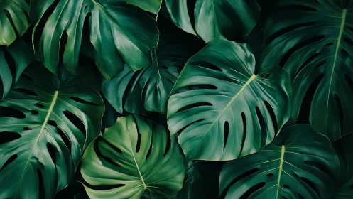 Dense overlapping monstera foliage fills the image frame