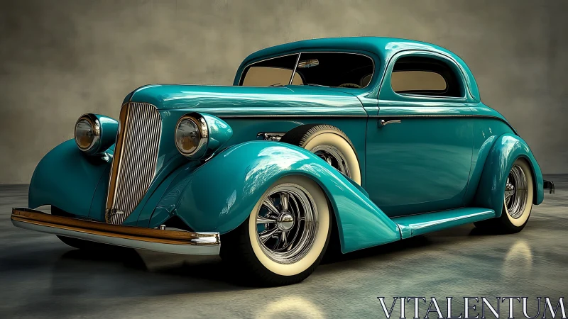 Photorealistic teal vintage coupe in studio-style lighting.