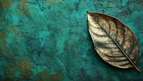 Golden leaf sculpture rests on textured teal abstract ground