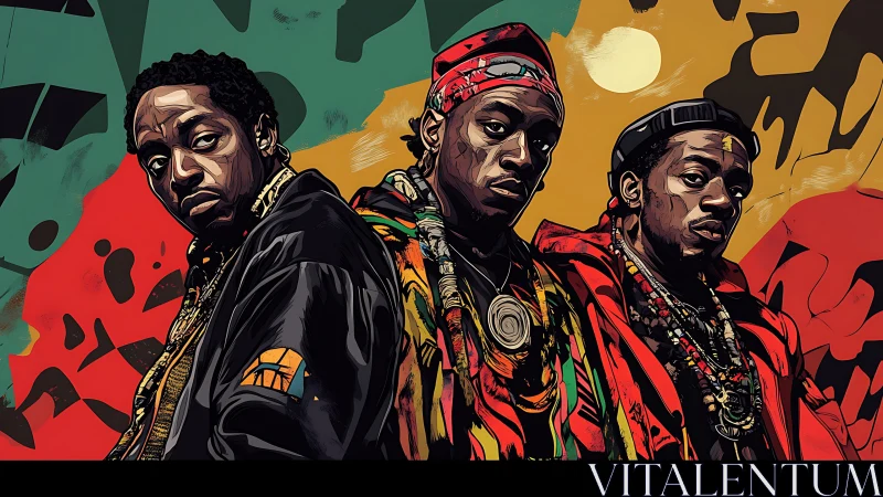 Trio of hip-hop icons stand bold in Afrocentric colors.