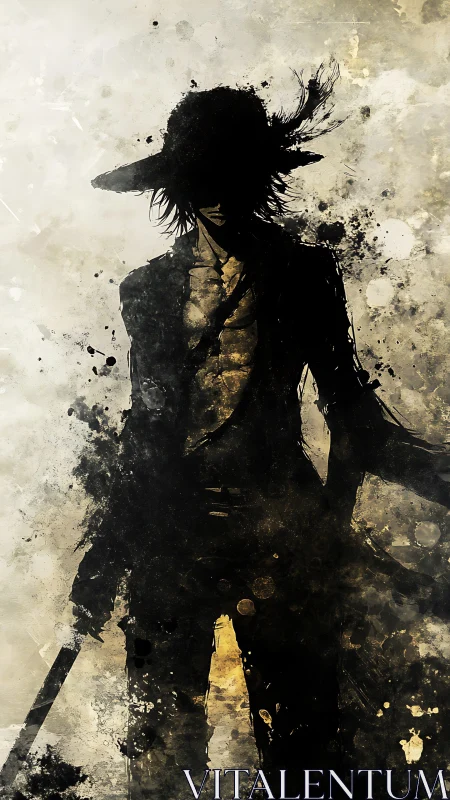 Silhouetted swordsman stands in splattered ink abstraction