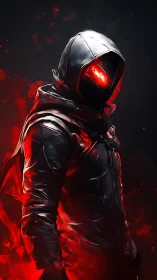 Hooded cybernetic figure in red-black lighting with emissive visor