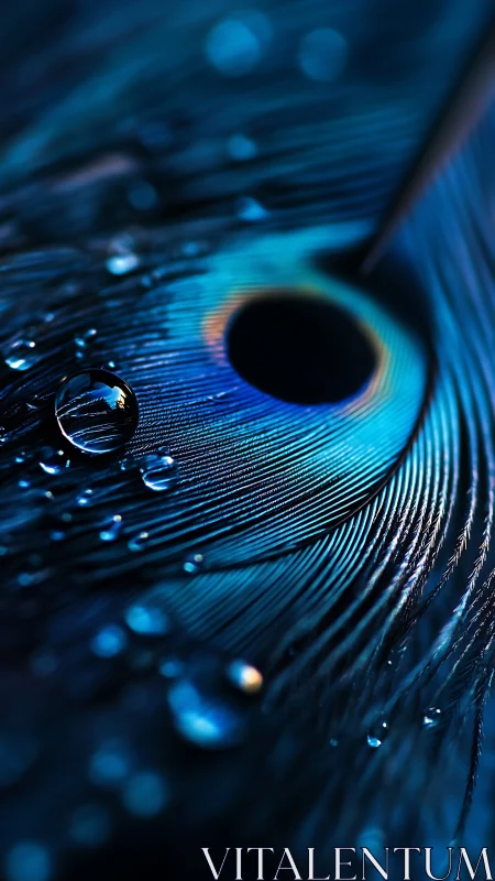 Macro view of peacock feather surface with water droplets.