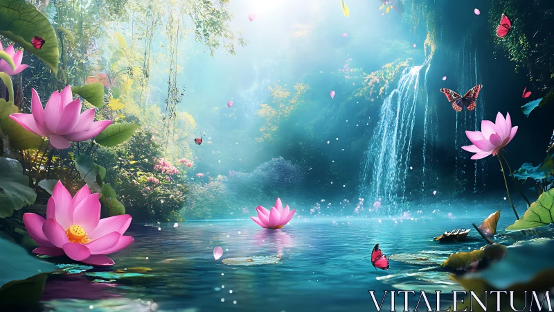 Lotus lagoon daydream with butterflies and misty falls.