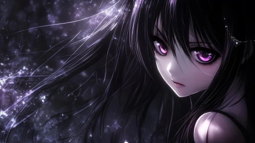 Dark-haired anime girl with luminous violet eyes in starlit haze