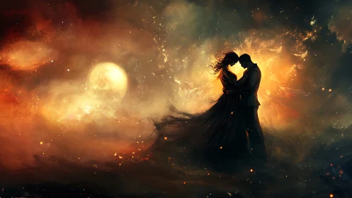 Silhouetted Couple Embracing Against Luminous Celestial Sphere with Atmospheric Particle Effects