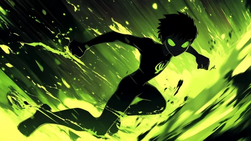 Silhouetted figure running through green energy streaks.