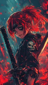 Fiery-haired anime warrior grips sword amid burning chaos.