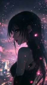 Side profile anime woman stands over glowing night cityscape