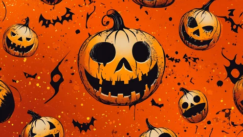 Grinning jack-o&rsquo;-lantern swarm on splattered orange field.