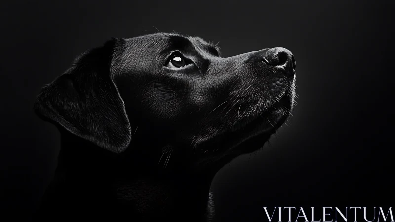 Gentle black dog gazing upward in soft studio light.