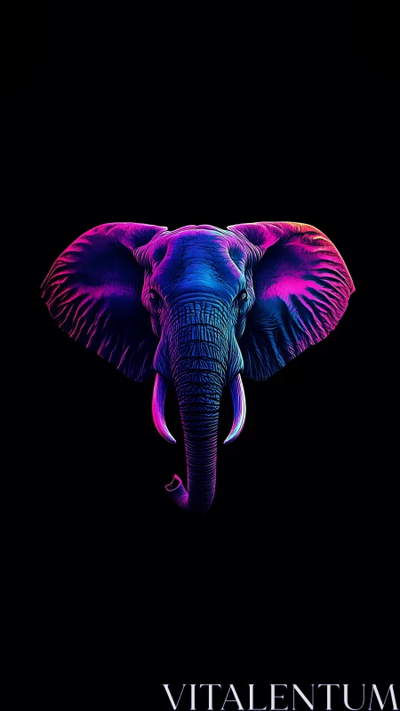 Neon bichromatic elephant head in frontal chromatic isolation.