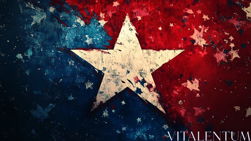 Distressed five point star over red blue textured field.