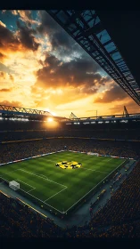 Sunset-lit football arena with packed stands and vibrant pitch.
