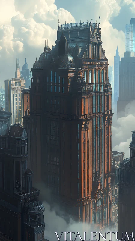 Neo-gothic highrise tower in volumetric cloud-lit skyline.