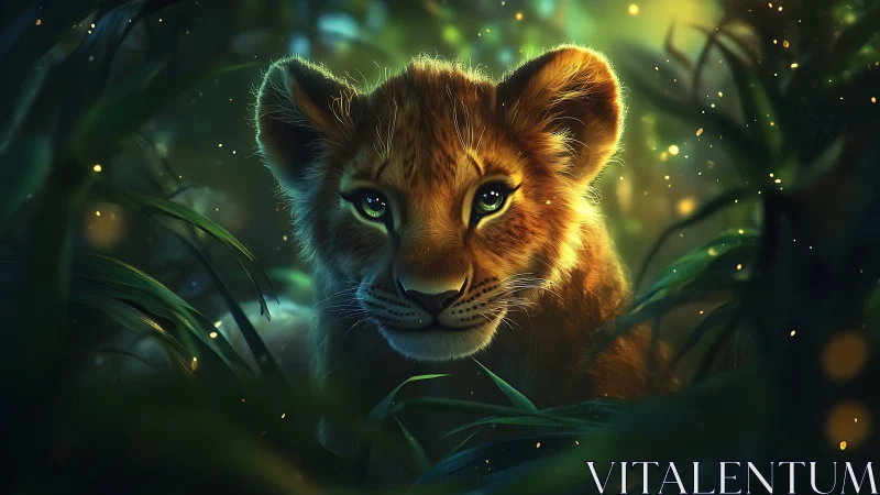 Young lion cub in dense jungle with glowing ambient light