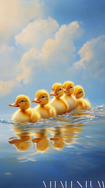 Golden ducklings glide in bright sunlight on calm water.