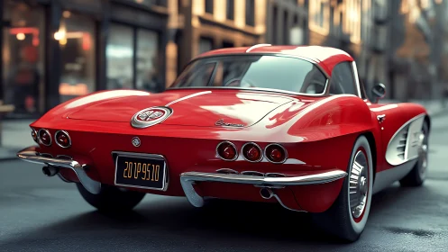 Red classic coupe is parked on a wet urban street