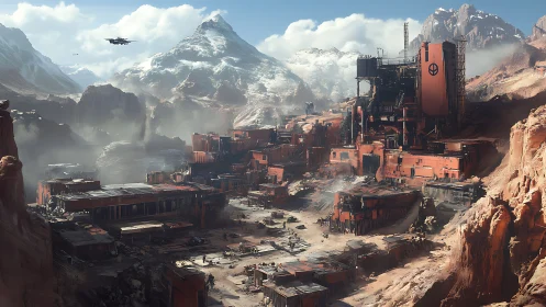 High-altitude Martian mining complex with modular industrial infrastructure