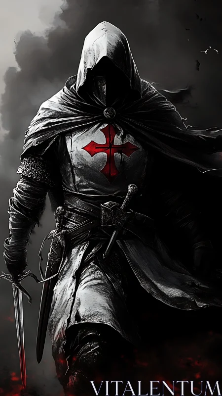 Hooded crusader strides through smoke with blood-red cross