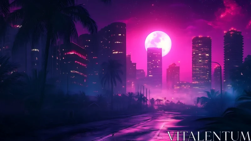 Neon moonrise over tropical cyber city in magenta haze.