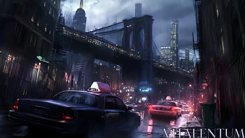 Nocturnal urban downpour with taxis beneath illuminated bridge.