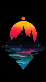 Geometric skyline silhouette intersects mirrored gradient seascape