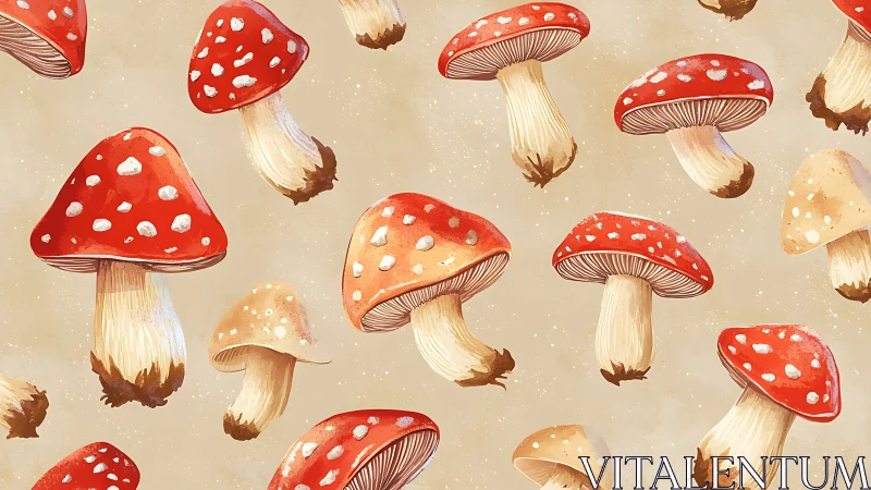 Digitally painted fly agaric mushrooms form seamless pattern
