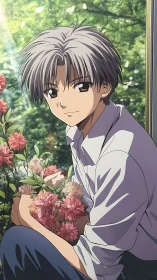 Male anime character sits by window holding flowering plant