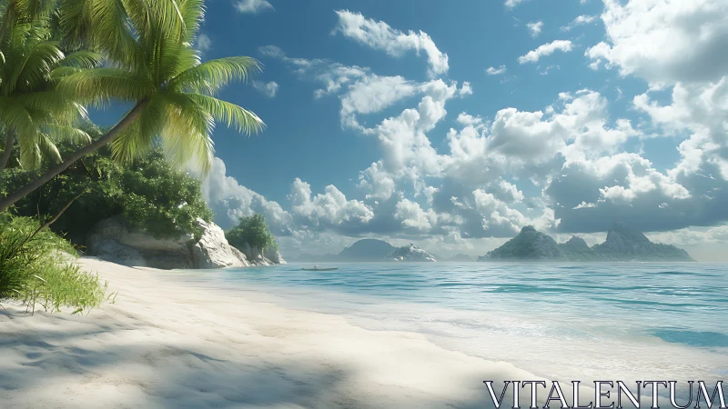 Tropical Paradise Beach with Mountain Formations and Palm Trees.
