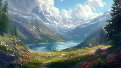 Alpine wildflower valley dreaming beside shimmering glacier lake.