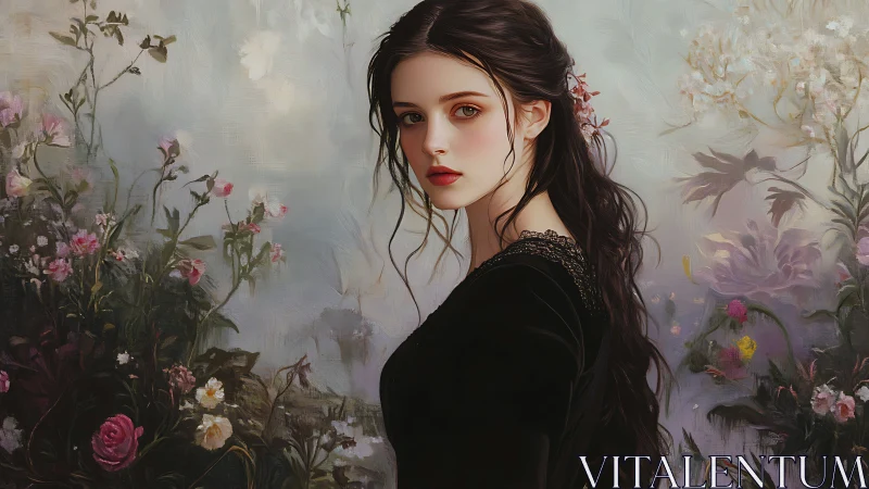 Gentle dark haired muse standing in a dreamy flower garden.