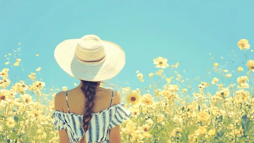 Woman in Sun Hat in Wildflower Field, Soft Pastel Summer Scene.